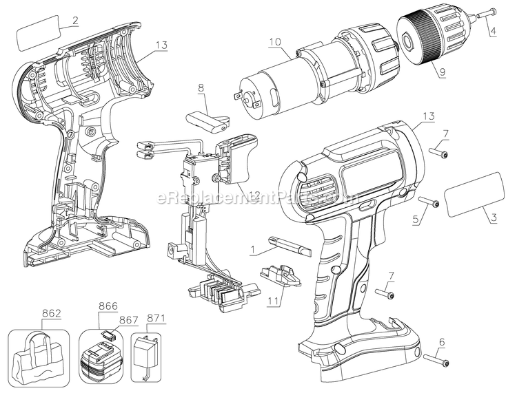 Black and Decker GC1200-BR (Type 1) 12v Cordless Drill Driver Power Tool Page A Diagram